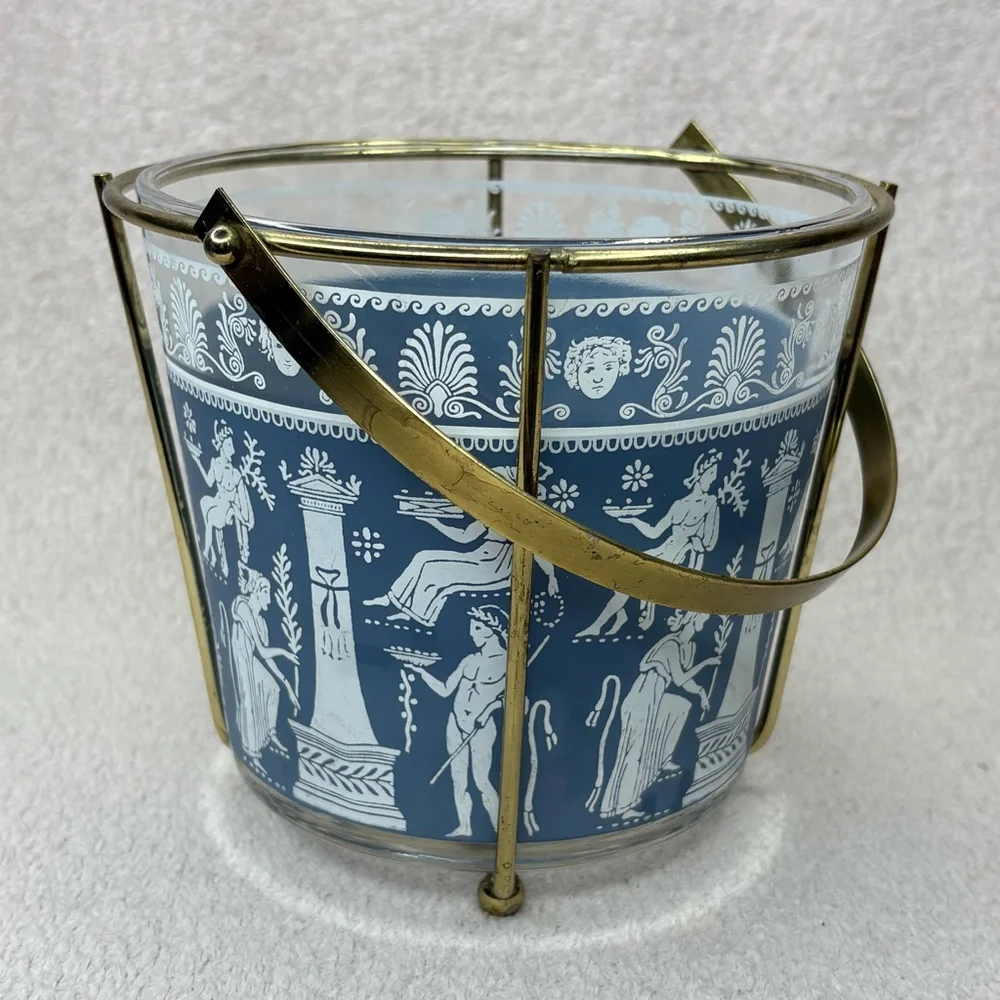 Vintage Jeanette Blue and White Wedgwood-Style Glass Ice Bucket with Brass Frame